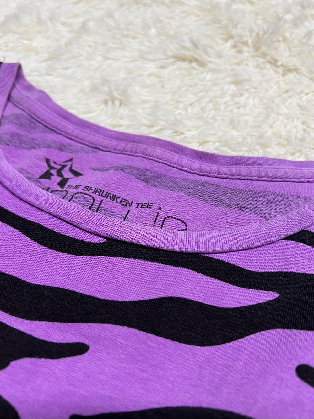 Nollie Purple and Black Zebra Stripe Short Sleeve Baby Doll Tee Y2K Scoop Neck - Picture 3 of 11